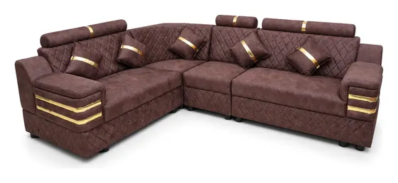 L-Shaped Sofa, Maroon Quilted with Gold Trim