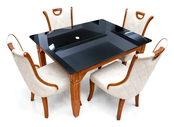 4-Seater Dining Set, Black Glass, Cream Tufted Chairs